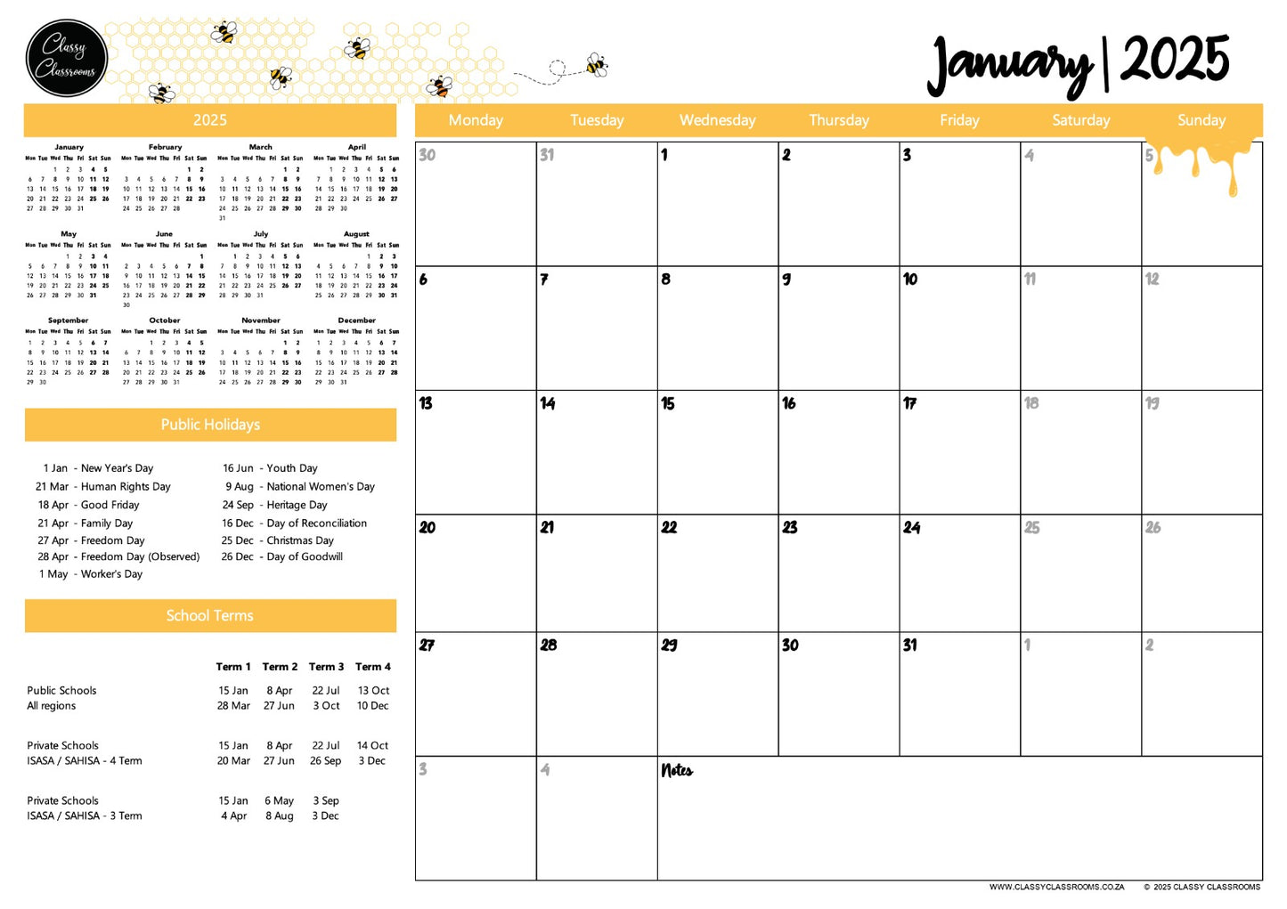 A3 deskpad calendar 2025 - Honey Bee