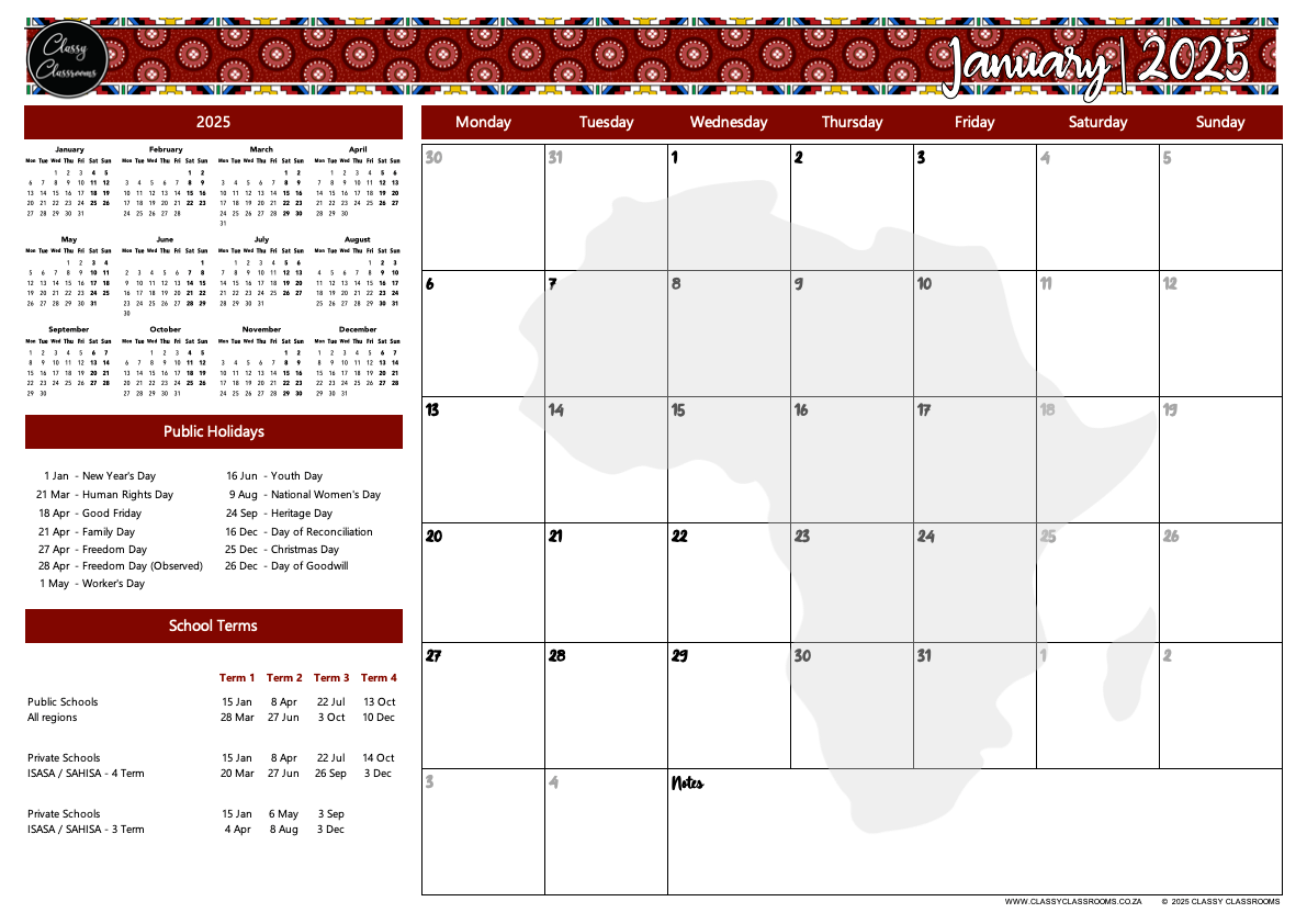 A3 deskpad calendar 2025 - African