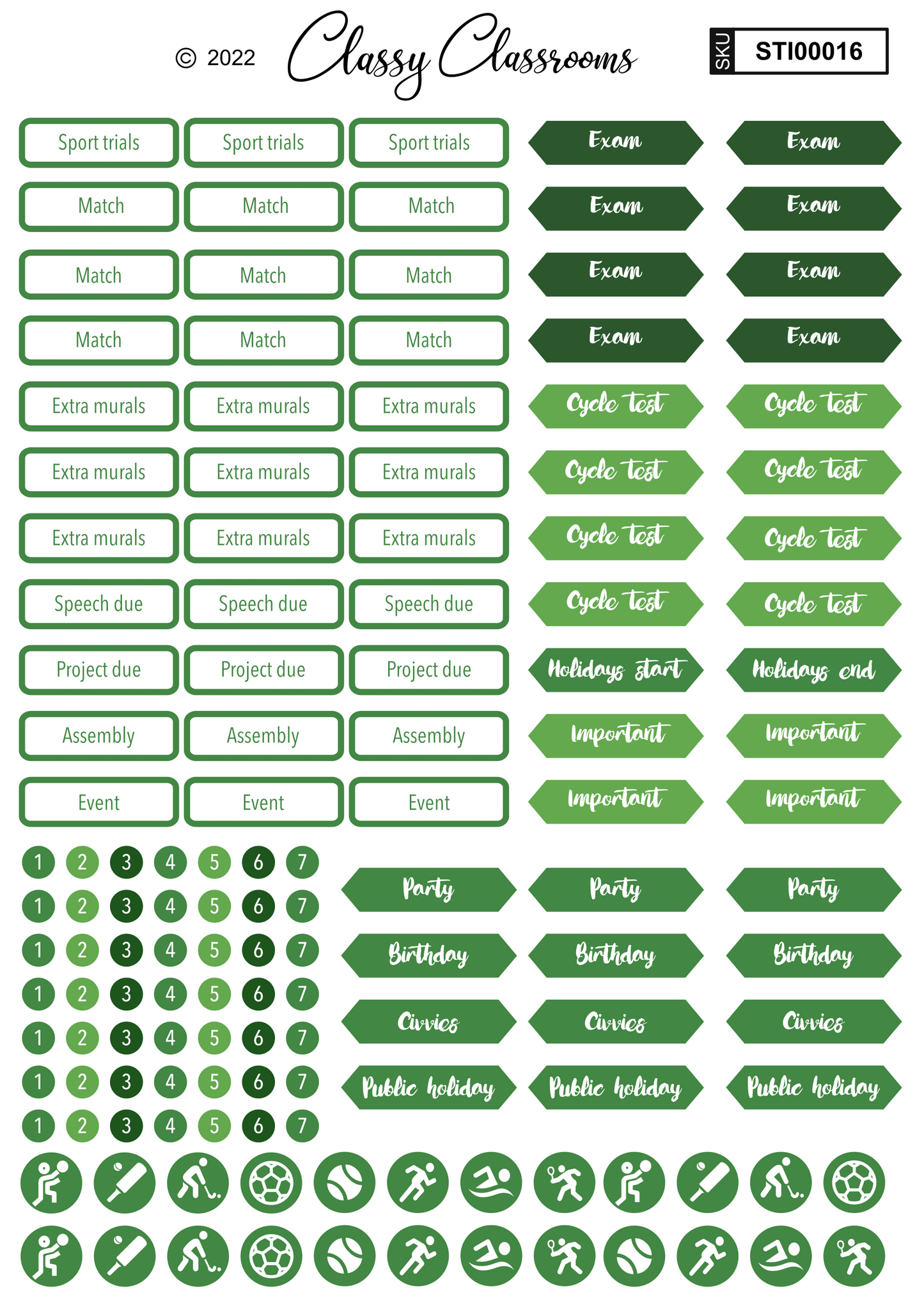Lemon green themed student calendar stickers (vinyl)