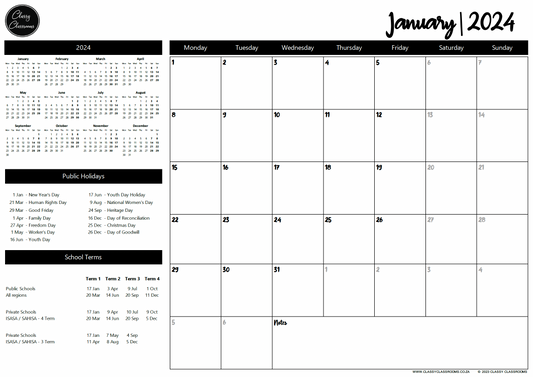 Black and white themed calendar from Classy Classrooms. Organise your week with our teacher and student stickers.