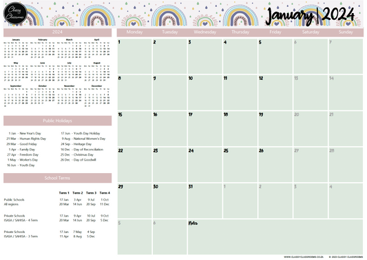 Rainbow boho themed calendar from Classy Classrooms. Organise your week with our teacher and student stickers.