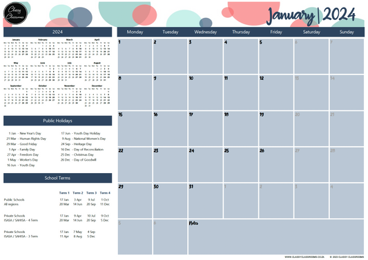 Coral bubble themed calendar from Classy Classrooms. Organise your week with our teacher and student stickers.