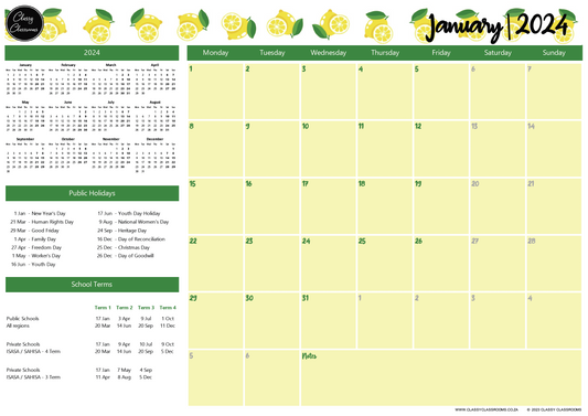 Lemon, yellow and green themed calendar from Classy Classrooms. Organise your week with our teacher and student stickers.