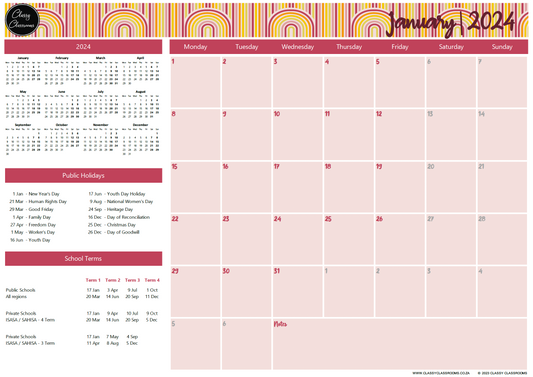 Rainbow themed calendar from Classy Classrooms. Organise your week with our teacher and student stickers.