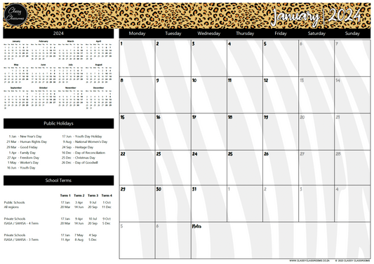 Wildlife, safari, zebra print, leopard themed calendar from Classy Classrooms. Organise your week with our teacher and student stickers.