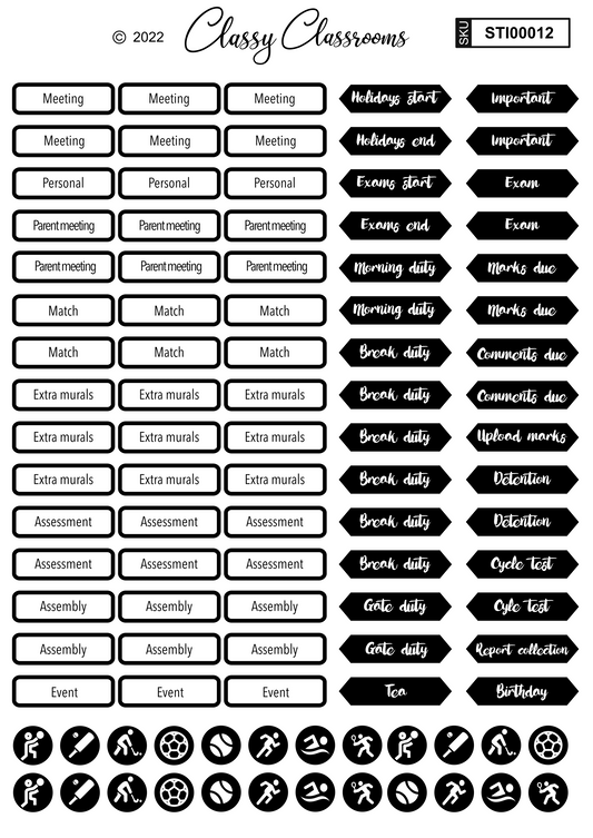 Black and white teacher calendar stickers (vinyl)